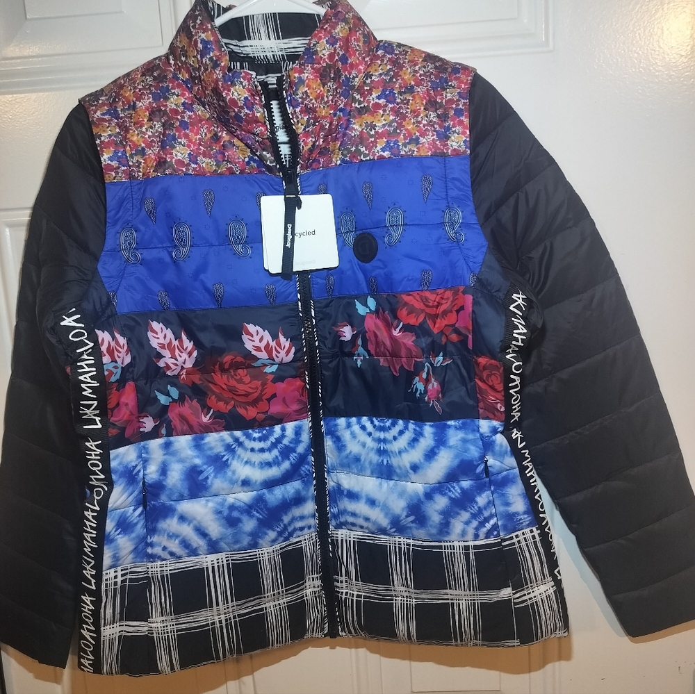 Desigual Women’s Floral Zip Jacket Size S (Usa XS)Black Multicolor Flowers New
